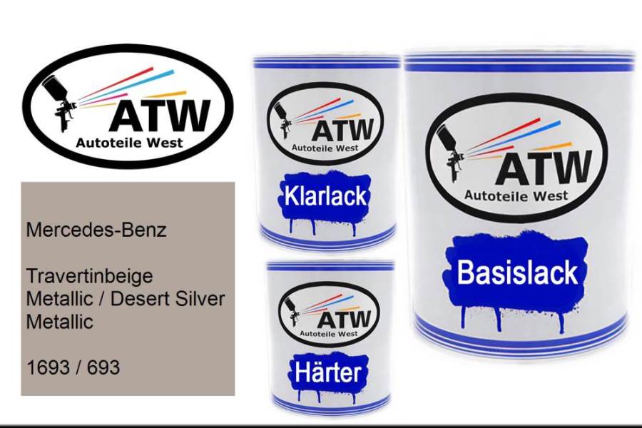 Mercedes-Benz, Travertinbeige Metallic / Desert Silver Metallic, 1693 / 693: 1L Lackdose + 1L Klarlack + 500ml Härter - Set, von ATW Autoteile West.